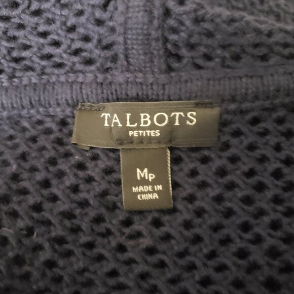Talbots Medium Petite Open Hooded Loose Knit Cardigan Sweater Navy Blue Cotton - Picture 8 of 8